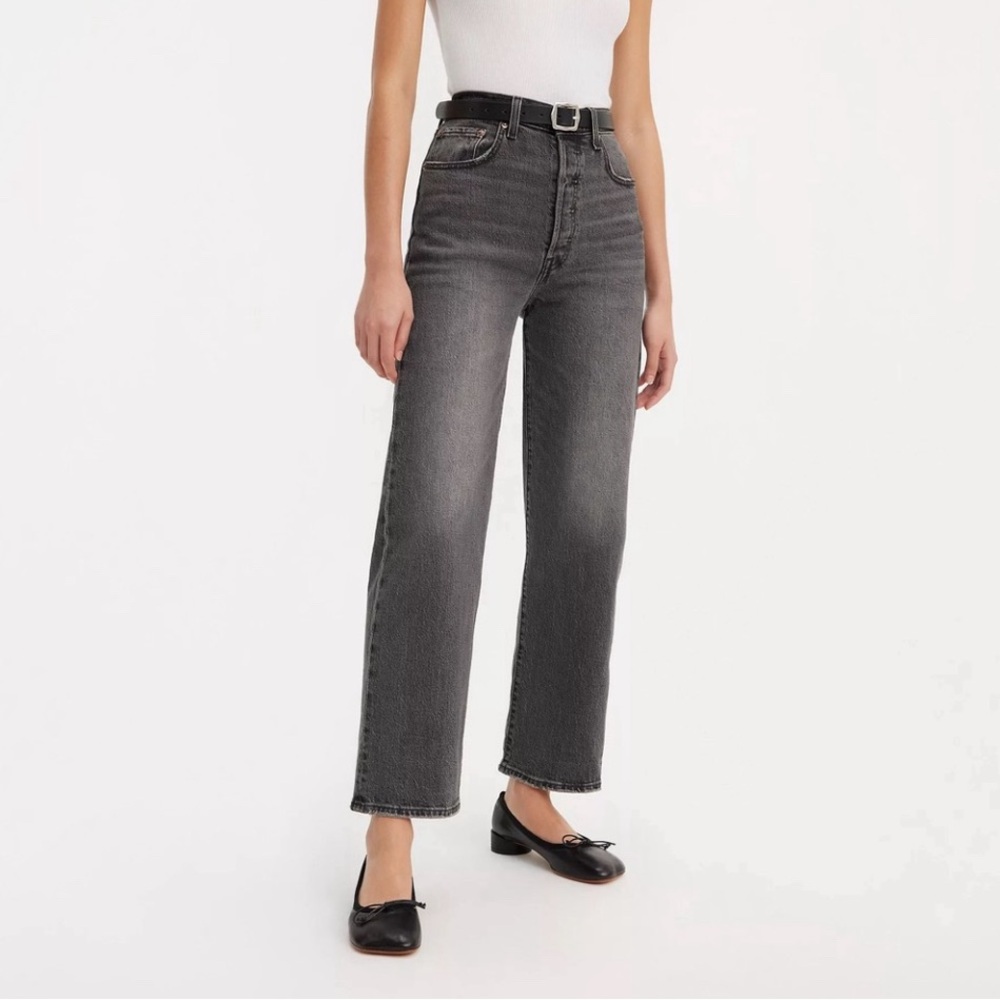 Levi’s Gray Ribcage Straight Ankle Jeans Super High Rise Well Worn Black Size 27